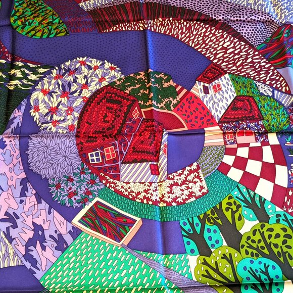 NWT Hermes 100% Silk Carre 90 Twill A Travers Champ Red Violet Green Blue Scarf - Picture 1 of 8